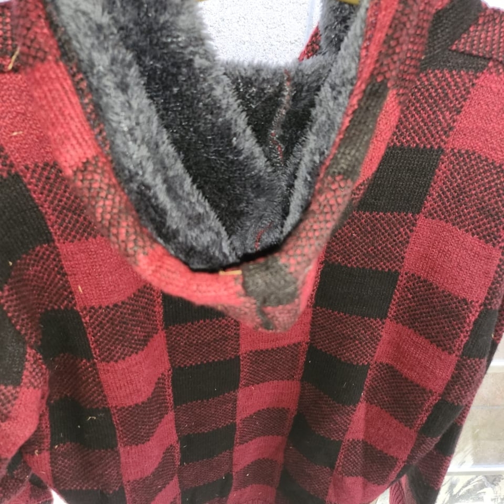 Red and Black Plaid Sweater with Faux Fur Collar